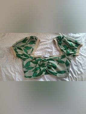 Zara Green Leaf-Print Puff Sleeve Cropped Knit Top with Cream Trim